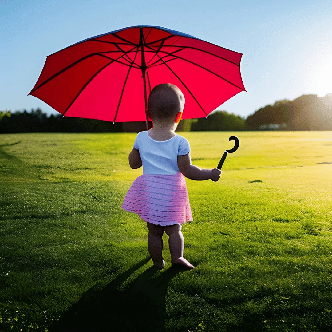 Baby holding an umbrella showing how to go about protecting children from UV rays